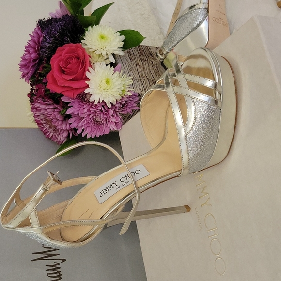 JIMMY CHOO Silver Leather Glitter Sandal - Brand New - Picture 8 of 8